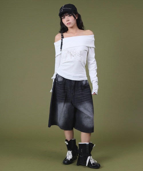 dispark(ディスパーク)の「DISPARK/ベルトショルダーサイドギャザートップ(Tシャツ/カットソー・レディース・ホワイト/ブラック・FREE)」の9枚目の写真