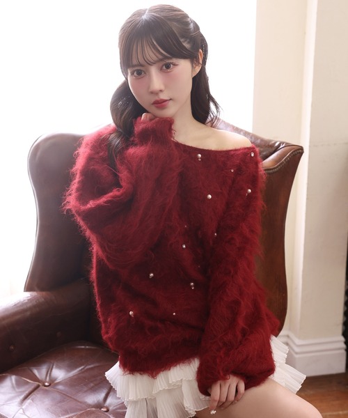 one after another NICE CLAUP（ワンアフターアナザーナイスクラップ）の「ビジューシャギーニット（ニット/セーター・レディース・グレー/ブラック/レッド/アイボリー/ベビーピンク・FREE）」の5枚目の写真