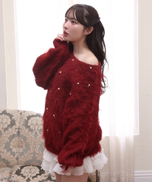 one after another NICE CLAUP（ワンアフターアナザーナイスクラップ）の「ビジューシャギーニット（ニット/セーター・レディース・グレー/ブラック/レッド/アイボリー/ベビーピンク・FREE）」の18枚目の写真