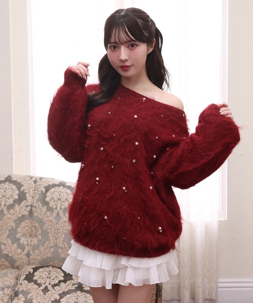 one after another NICE CLAUP（ワンアフターアナザーナイスクラップ）の「ビジューシャギーニット（ニット/セーター・レディース・グレー/ブラック/レッド/アイボリー/ベビーピンク・FREE）」の17枚目の写真