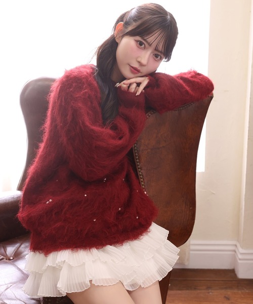 one after another NICE CLAUP（ワンアフターアナザーナイスクラップ）の「ビジューシャギーニット（ニット/セーター・レディース・グレー/ブラック/レッド/アイボリー/ベビーピンク・FREE）」の19枚目の写真