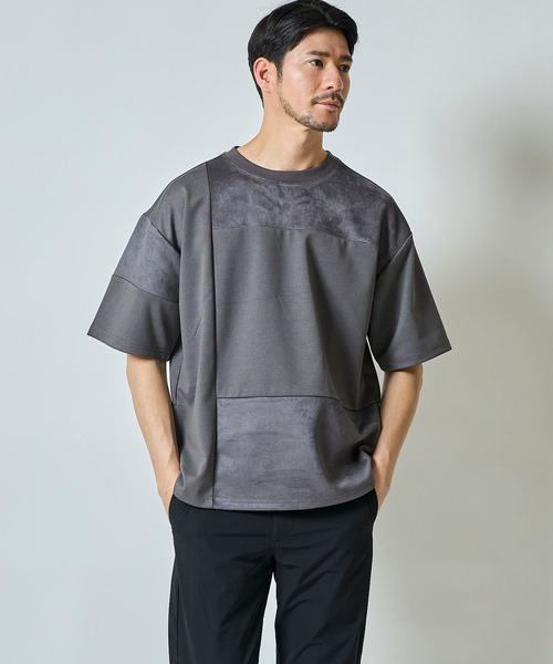 TETE HOMME(テットオム)の「ポンチスエード切替えTシャツ(Tシャツ/カットソー・メンズ・チャコールグレー/ブラック/ホワイト・MEDIUM/LARGE/X-LARGE)」の1枚目の写真