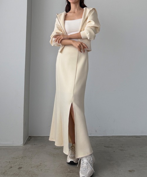 Louere（ルエレ）の「ポンチショートパーカー+スリットマーメイドスカートSET（セットアップ・レディース・ブラウン/チャコール/ネイビー/ブラック/アイボリー・SMALL/MEDIUM/LARGE/X-LARGE）」の8枚目の写真