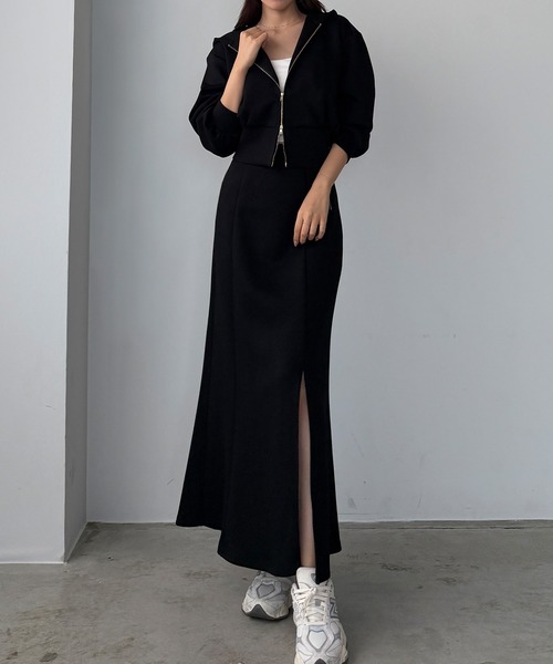 Louere（ルエレ）の「ポンチショートパーカー+スリットマーメイドスカートSET（セットアップ・レディース・ブラウン/チャコール/ネイビー/ブラック/アイボリー・SMALL/MEDIUM/LARGE/X-LARGE）」の12枚目の写真