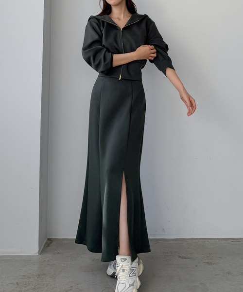 Louere（ルエレ）の「ポンチショートパーカー+スリットマーメイドスカートSET（セットアップ・レディース・ブラウン/チャコール/ネイビー/ブラック/アイボリー・SMALL/MEDIUM/LARGE/X-LARGE）」の16枚目の写真