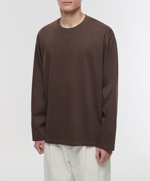 セール】シルケットリラックスクルーネック長袖Tシャツ[ダークブラウン