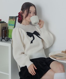 WEGO/ベロアリボンアップリケタックスリーブニット