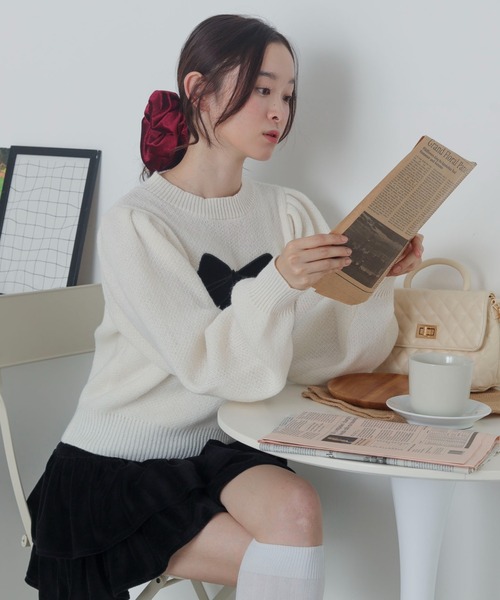 WEGO(ウィゴー)の「WEGO/ベロアリボンアップリケタックスリーブニット(ニット/セーター・レディース・アイボリー/ワイン・FREE)」の10枚目の写真