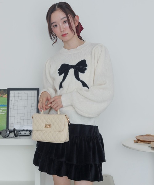 WEGO(ウィゴー)の「WEGO/ベロアリボンアップリケタックスリーブニット(ニット/セーター・レディース・アイボリー/ワイン・FREE)」の12枚目の写真