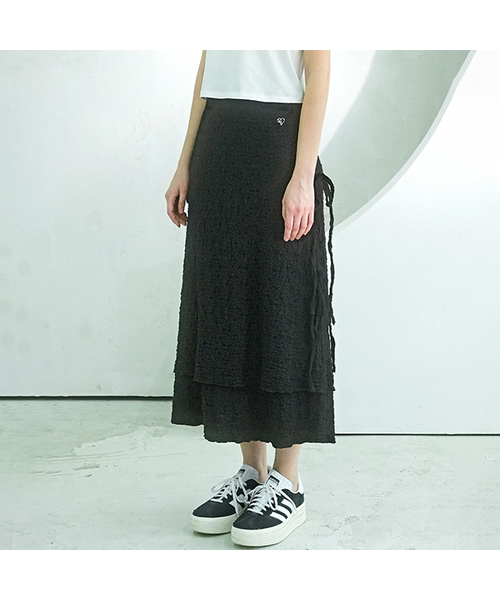 Ribbon Shell Layered Long Skirt - 2COL