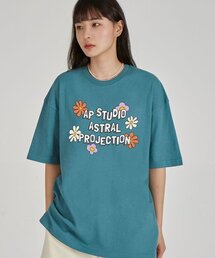 エイピー フラワー ラウンドネック 15番手 コットン 半袖Tシャツ_ブルーグリーン