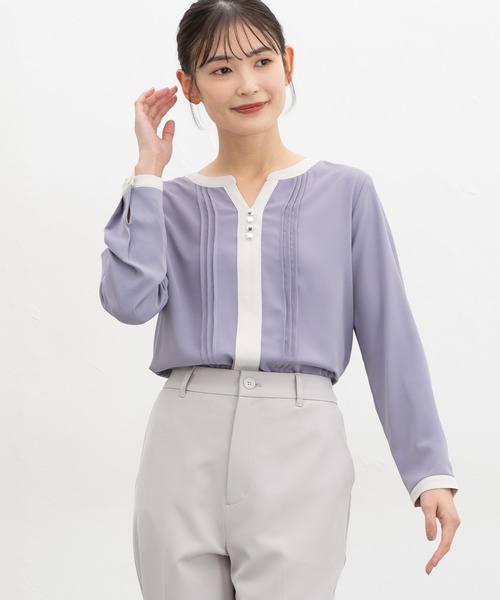 Honeys(ハニーズ)の「配色スキッパーブラウス(シャツ/ブラウス・レディース・ライトグリーン系/ネイビー/ラベンダー/ホワイト・3L/L/LL/M/S)」の4枚目の写真