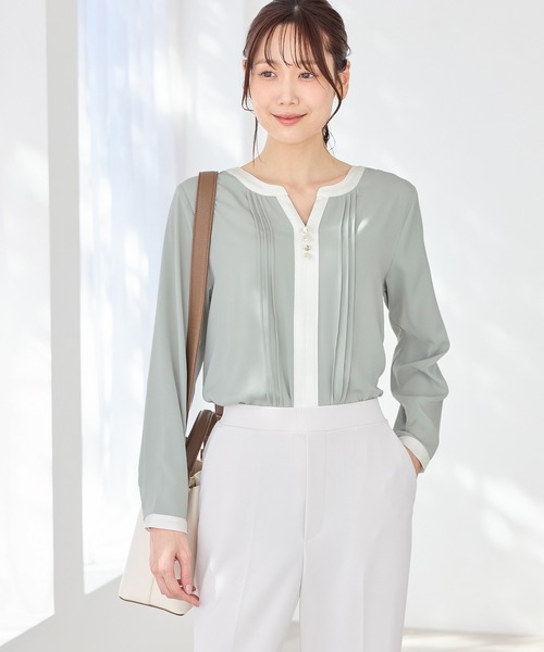 Honeys(ハニーズ)の「配色スキッパーブラウス(シャツ/ブラウス・レディース・ライトグリーン系/ネイビー/ラベンダー/ホワイト・3L/L/LL/M/S)」の2枚目の写真