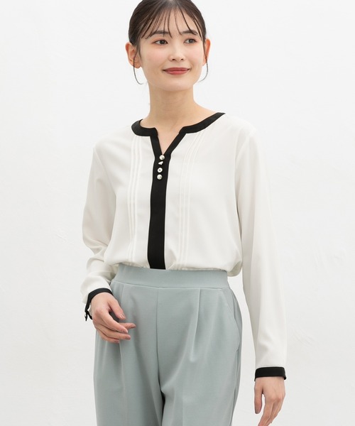 Honeys(ハニーズ)の「配色スキッパーブラウス(シャツ/ブラウス・レディース・ライトグリーン系/ネイビー/ラベンダー/ホワイト・3L/L/LL/M/S)」の1枚目の写真