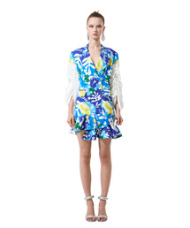 Blue Cut Out Print Ruffle Arm Double Breasted Jacket