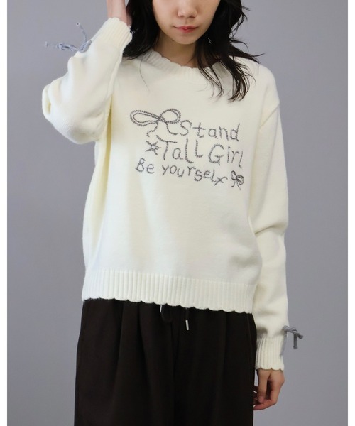 Doumoi（ドゥモエ）の「袖リボン英字ロゴ　ニット プルオーバー（ニット/セーター・レディース・グレー/アイボリー・FREE）」の11枚目の写真