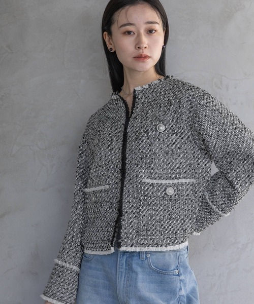 Sサイズ展開】ツイードノーカラージャケット（ノーカラージャケット