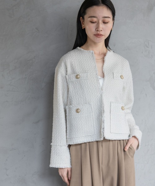 A part by(アパートバイ)の「【Sサイズ展開・セットアップ対応】ツイードノーカラージャケット(ノーカラージャケット・レディース・ネイビー/ブラック系その他2/アイボリー・SMALL/MEDIUM)」の7枚目の写真