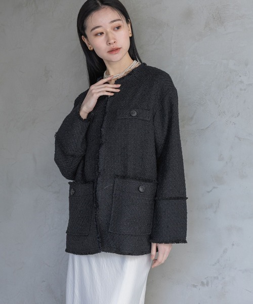 A part by(アパートバイ)の「【Sサイズ展開・セットアップ対応】ツイードノーカラージャケット(ノーカラージャケット・レディース・ネイビー/ブラック系その他2/アイボリー・SMALL/MEDIUM)」の20枚目の写真