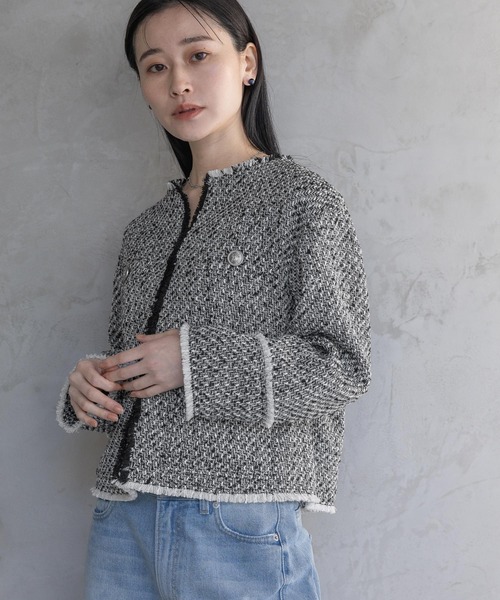 A part by(アパートバイ)の「【Sサイズ展開・セットアップ対応】ツイードノーカラージャケット(ノーカラージャケット・レディース・ネイビー/ブラック系その他2/アイボリー・SMALL/MEDIUM)」の12枚目の写真