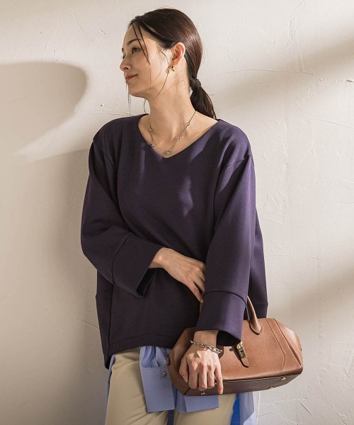 LAUTREAMONT(ロートレアモン)の「【WEB限定】《暖色美》裏起毛Vネックトップス≪手洗い≫(Tシャツ/カットソー・レディース・オレンジ/ネイビー/ベージュ/パープル/グリーン/キャメル・9号)」の4枚目の写真