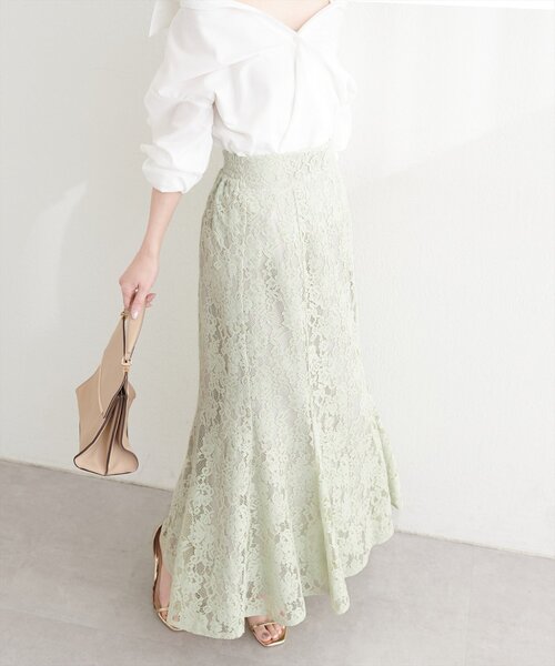 natural couture(ナチュラルクチュール)の「着丈変えられるレースマーメイドスカート(スカート・レディース・ミント/オフホワイト/ブラック/ピンクベージュ・FREE)」の3枚目の写真