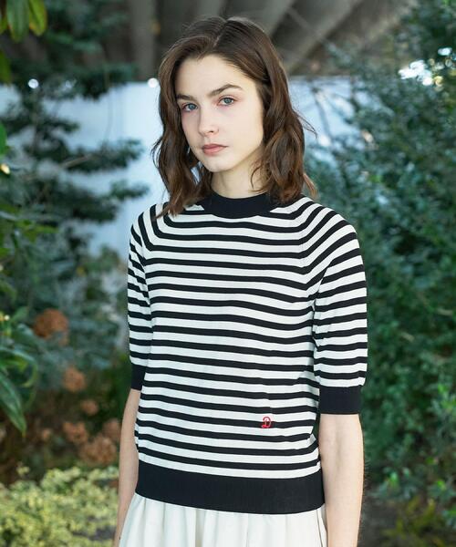 コットンシルクボーダーハーフスリーブニット