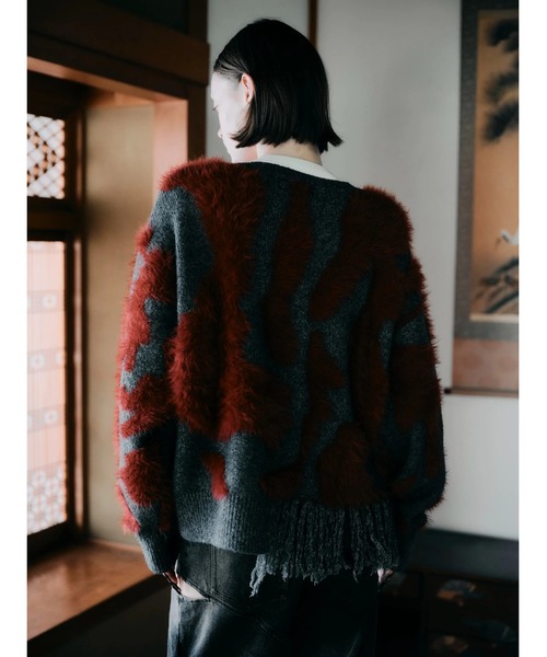 CREO STORE(クレオストア)の「【TAJEN:T】JACQUARD FRINGE CARDIGAN/ジャカードフリンジカーディガン(カーディガン/ボレロ・レディース・サックスブルー/チャコールグレー・2/1)」の4枚目の写真