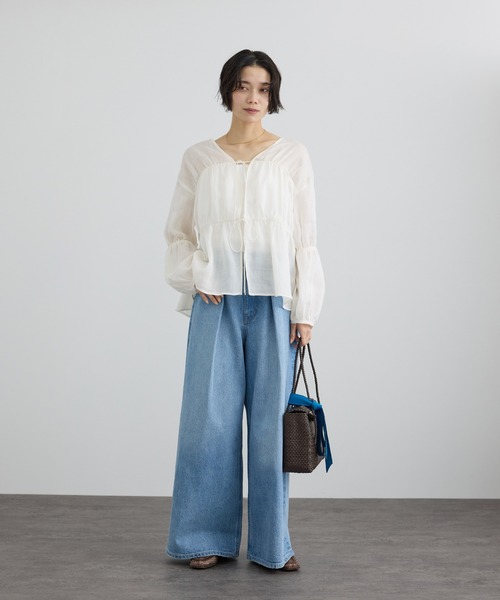 SALON adam et rope'(サロン アダム エ ロペ)の「【WEB限定】シアーラミーカルゼギャザーブラウス(シャツ/ブラウス・レディース・サックスブルー/ブラウン/オフホワイト・FREE)」の5枚目の写真