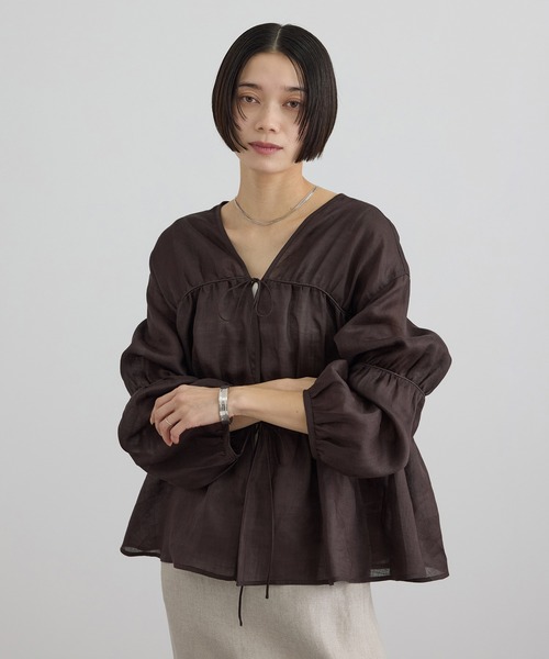 SALON adam et rope'(サロン アダム エ ロペ)の「【WEB限定】シアーラミーカルゼギャザーブラウス(シャツ/ブラウス・レディース・サックスブルー/ブラウン/オフホワイト・FREE)」の16枚目の写真