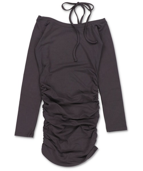 SPINNS(スピンズ)の「タイトミニワンピース/肩リボン(ワンピース・レディース・ブラック/チャコール・ONESIZE)」の4枚目の写真