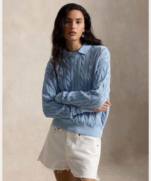 POLO RALPH LAUREN(ポロ ラルフ ローレン)の「ケーブルニット コットン ポロカラー セーター(ニット/セーター・レディース・ブルー・XS/S/M/L)」の1枚目の写真
