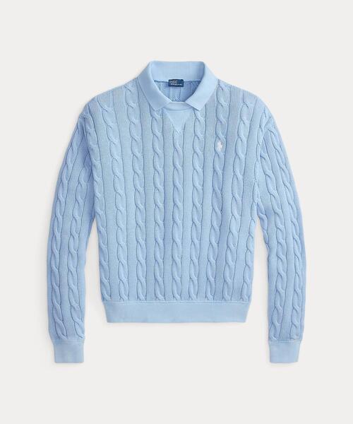 POLO RALPH LAUREN(ポロ ラルフ ローレン)の「ケーブルニット コットン ポロカラー セーター(ニット/セーター・レディース・ブルー・XS/S/M/L)」の3枚目の写真