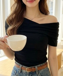 ドレープデザイン ワンショルダー 半袖カットソー