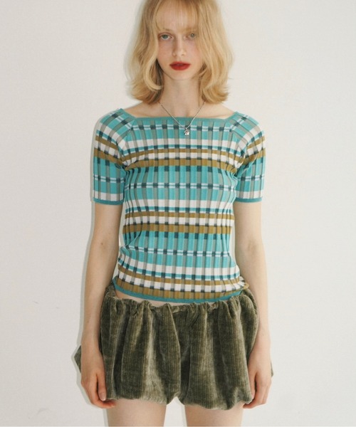 musubore(ムスボレ)の「border summer rib knit / ボーダーサマーニット(ニット/セーター・レディース・ブルー/グリーン・FREE)」の2枚目の写真