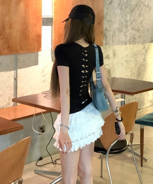 GLAMOROUS JANE(グラマラスジェーン)の「バックカットアウトデザイン半袖Tシャツ(Tシャツ/カットソー・レディース・グレー/ホワイト/ブラック・FREE)」の12枚目の写真