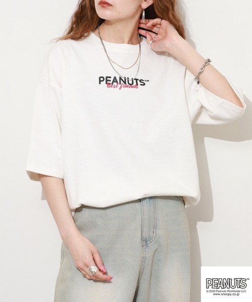 PEANUTS(ピーナッツ)の「PEANUTS フレンズ柄サガラ刺繍ヘビーウェイトドロップショルダーT 半袖(Tシャツ/カットソー・メンズ・ネイビー/グレイッシュベージュ/オフホワイト・M/L/LL)」の16枚目の写真