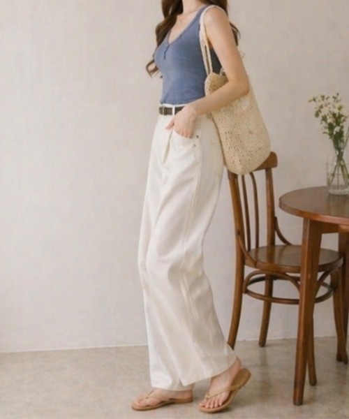 Teem Store(チームストア)の「【カップ付き】フロントボタン リブ ノースリーブトップス(キャミソール・レディース・ブルー/ブラック/グレー/ホワイト・F)」の15枚目の写真