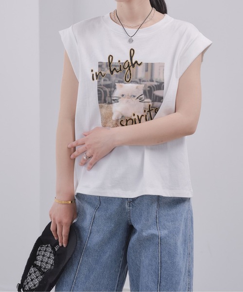 Pqran(クラン)の「CATプリント刺繍トップス(Tシャツ/カットソー・レディース・オフホワイト/チャコールグレー・FREE)」の7枚目の写真