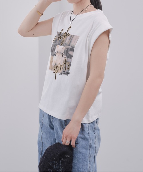Pqran(クラン)の「CATプリント刺繍トップス(Tシャツ/カットソー・レディース・オフホワイト/チャコールグレー・FREE)」の9枚目の写真