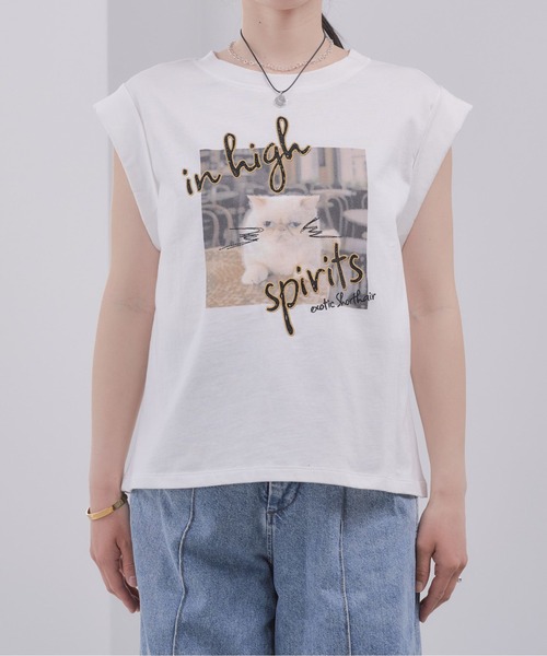 Pqran(クラン)の「CATプリント刺繍トップス(Tシャツ/カットソー・レディース・オフホワイト/チャコールグレー・FREE)」の11枚目の写真
