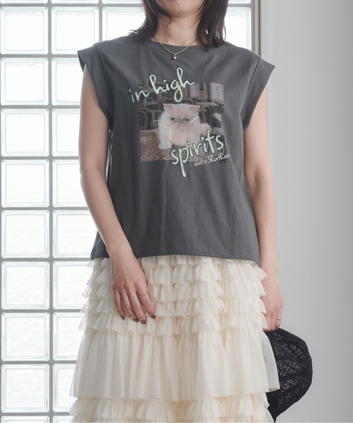 Pqran(クラン)の「CATプリント刺繍トップス(Tシャツ/カットソー・レディース・オフホワイト/チャコールグレー・FREE)」の19枚目の写真