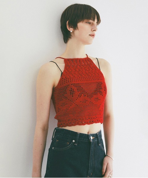 CLANE(クラネ)の「CROCHET CAMI KNIT TOPS(ニット/セーター・レディース・レッド/アイボリー・F)」の1枚目の写真