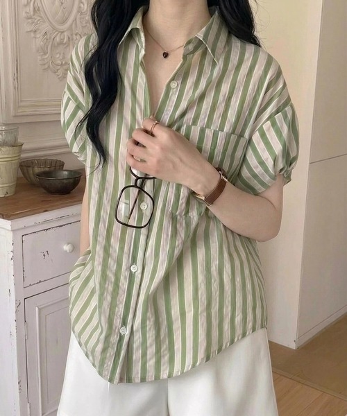 yuue' ( wear )(ユーイ)の「バルーンスリーブストライプ半袖シャツ(シャツ/ブラウス・レディース・グリーン/ブラック・FREE)」の2枚目の写真