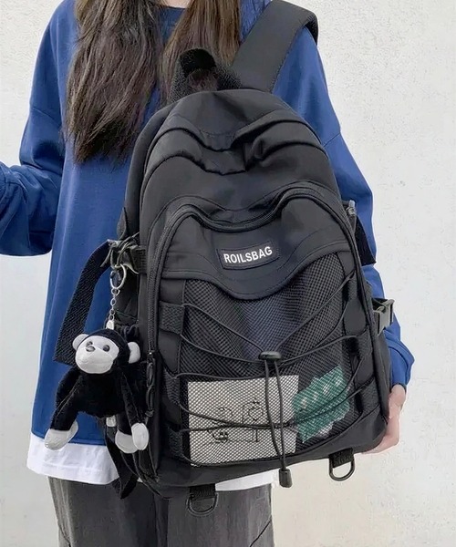 HAILY(ヘイリー)の「フロントメッシュ×ドローコード多機能バックパック/通勤通学/リュック/ユニセックス(バックパック/リュック・レディース・ブラック/アイボリー・FREE)」の1枚目の写真