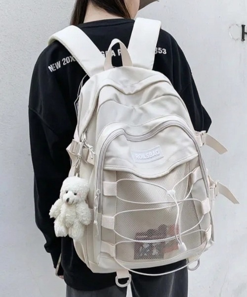 HAILY(ヘイリー)の「フロントメッシュ×ドローコード多機能バックパック/通勤通学/リュック/ユニセックス(バックパック/リュック・レディース・ブラック/アイボリー・FREE)」の9枚目の写真