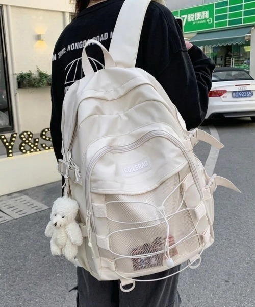 HAILY(ヘイリー)の「フロントメッシュ×ドローコード多機能バックパック/通勤通学/リュック/ユニセックス(バックパック/リュック・レディース・ブラック/アイボリー・FREE)」の3枚目の写真
