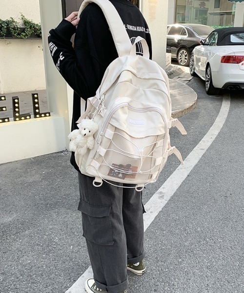 HAILY(ヘイリー)の「フロントメッシュ×ドローコード多機能バックパック/通勤通学/リュック/ユニセックス(バックパック/リュック・レディース・ブラック/アイボリー・FREE)」の5枚目の写真