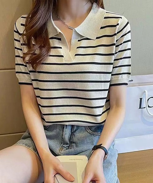 lulufa(ルルファ)の「ボーダー スキッパー カットソー ポロシャツ 半袖(ポロシャツ・レディース・ブラック/ネイビー/アイボリー・FREE)」の20枚目の写真