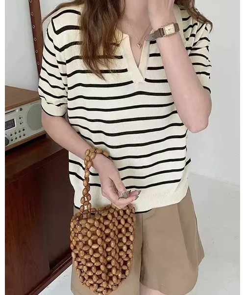 lulufa(ルルファ)の「ボーダー スキッパー カットソー ポロシャツ 半袖(ポロシャツ・レディース・ブラック/ネイビー/アイボリー・FREE)」の11枚目の写真